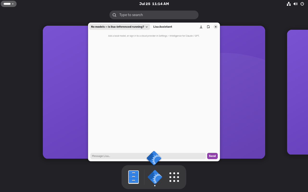 The Lisa Assistant chat window running in the CI VM, honestly reporting that no models are installed in the bare test image